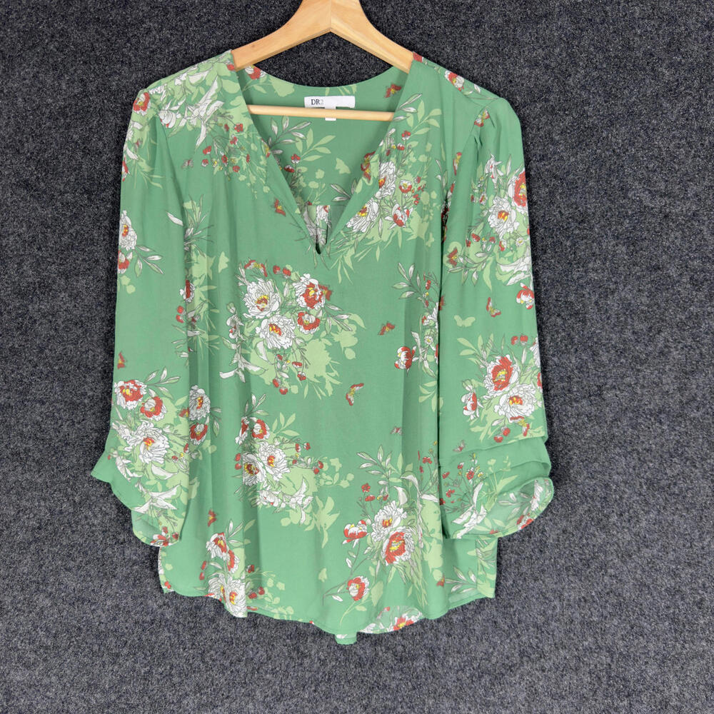DR2 Blouse Women L Large Green Floral V-Neck Long Sleeve Pullover Casual